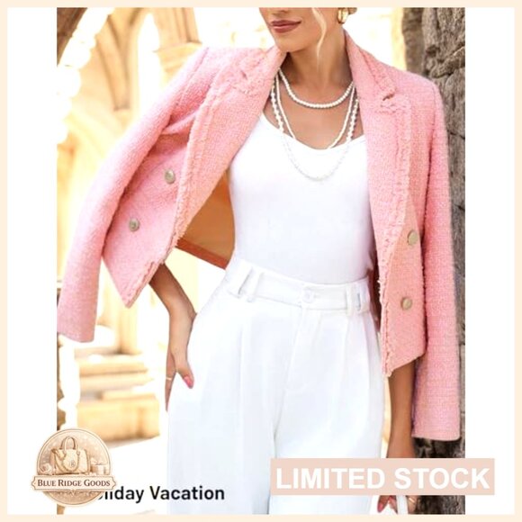 Tweed Blazer Jacket Elegant Cropped Fringe Trim Business Casual Fully Lined - Picture 2 of 7